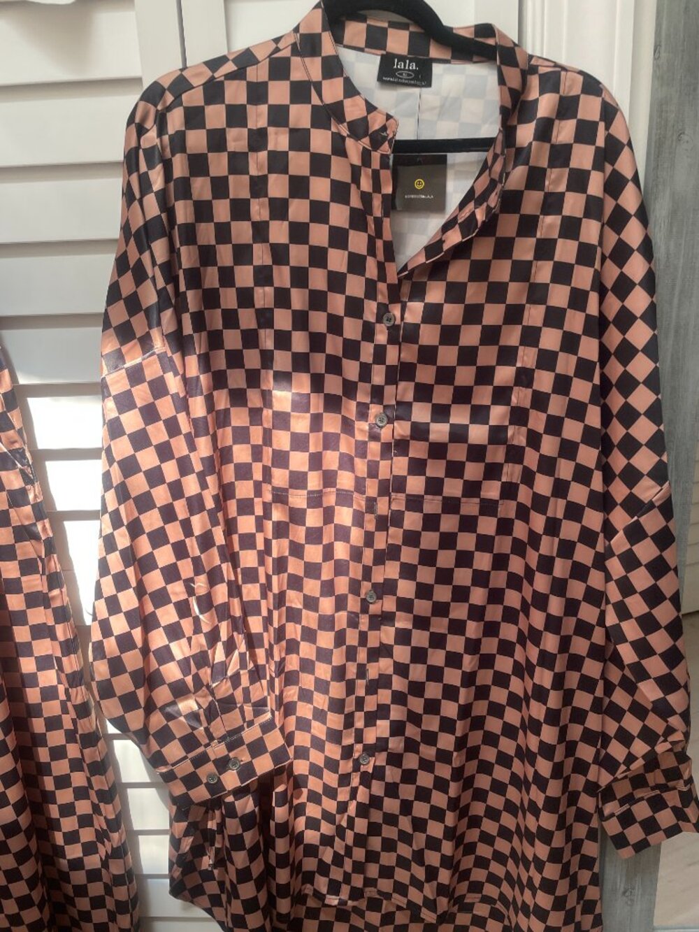 Dressed in LALA Satin Playsuit in Iced Coffee Checkerboard **HEMMED** - Picture 3 of 5